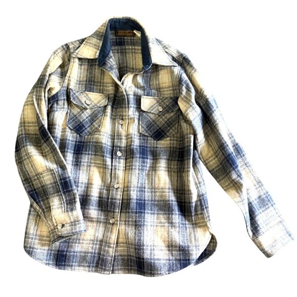 VTG Eddie Bauer Plaid Flannel Button-Up Shirt Men 4 Classicoutdoors Blue Cream - Picture 1 of 7